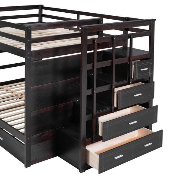 English Elm Full Over Bunk Bed with Staircase Storage Drawers and Twin Trundle Pinewood Frame Espresso LT100268AAP