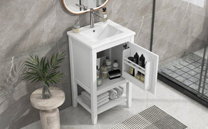 English Elm 20" Matte Freestanding Bathroom Vanity Rubberwood Cabinet Ceramic Sink Open Shelf White N725P391115K