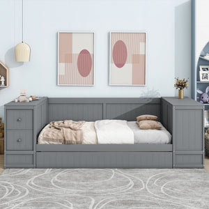English Elm Twin Twin Size Daybed with Trundle, Storage Drawers and USB Charging Ports — Space-Saving Design Grey GX000349AAE