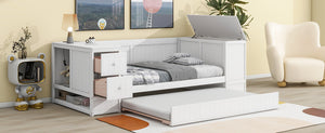 English Elm Twin Twin Size Daybed with Trundle, Storage Drawers and USB Charging Ports — Space-Saving Design White GX000349AAK