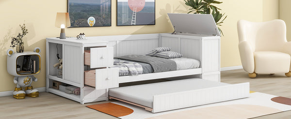 English Elm Twin Twin Size Daybed with Trundle, Storage Drawers and USB Charging Ports — Space-Saving Design White GX000349AAK