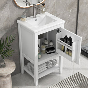 English Elm 20" Matte Freestanding Bathroom Vanity Rubberwood Cabinet Ceramic Sink Open Shelf White N725P391115K