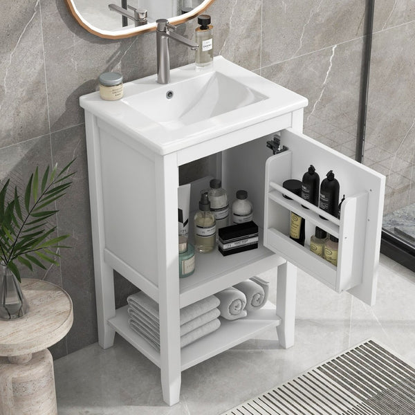 English Elm 20" Matte Freestanding Bathroom Vanity Rubberwood Cabinet Ceramic Sink Open Shelf White N725P391115K