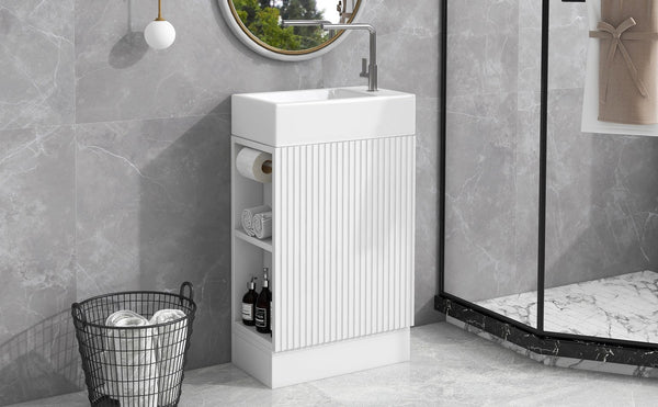 English Elm 18.6" Bathroom Vanity with Sink and Ceramic Top, MDF Cabinet with Door, TP Holder & Shelf White N725P212181K