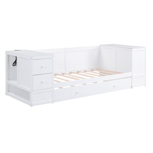 English Elm Twin Twin Size Daybed with Trundle, Storage Drawers and USB Charging Ports — Space-Saving Design White GX000349AAK