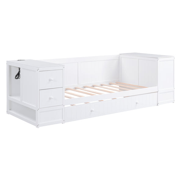 English Elm Twin Twin Size Daybed with Trundle, Storage Drawers and USB Charging Ports — Space-Saving Design White GX000349AAK