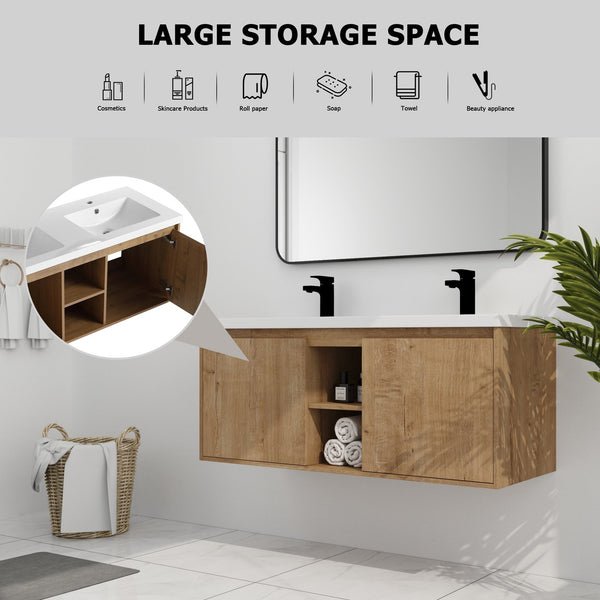 English Elm 48" Wall Mounted Bathroom Vanity With Double Sink, Soft-Close Doors, Modern Design & Storage Solutions W999S00105