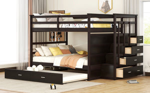 English Elm Full Over Bunk Bed with Staircase Storage Drawers and Twin Trundle Pinewood Frame Espresso LT100268AAP