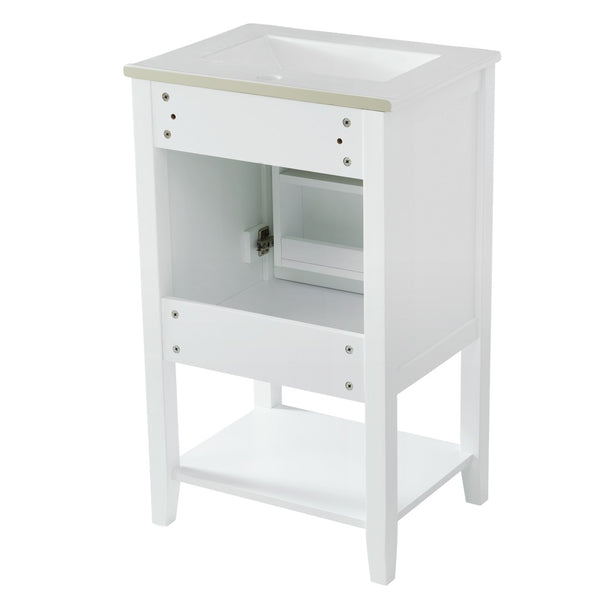 English Elm 20" Matte Freestanding Bathroom Vanity Rubberwood Cabinet Ceramic Sink Open Shelf White N725P391115K