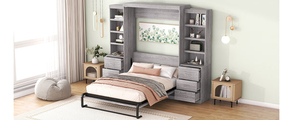 English Elm Full Full Size Murphy Bed with Storage Shelves & Drawers, Gray Cabinet Foldaway Space-Saving Design GX002007AAE