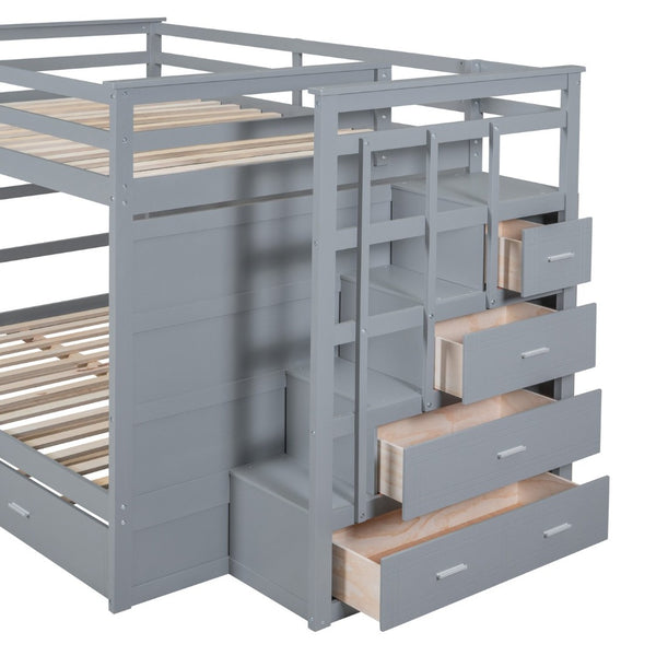 English Elm Full Over Bunk Bed with Staircase Storage Drawers and Twin Trundle Pinewood Frame Gray LT100268AAE