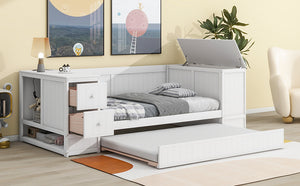 English Elm Twin Twin Size Daybed with Trundle, Storage Drawers and USB Charging Ports — Space-Saving Design White GX000349AAK