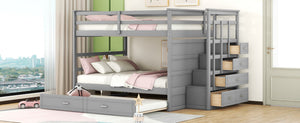 English Elm Full Over Bunk Bed with Staircase Storage Drawers and Twin Trundle Pinewood Frame Gray LT100268AAE