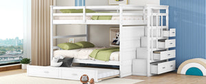 English Elm Full Over Bunk Bed with Twin Trundle Staircase Storage Drawers White Pinewood LT000268AAK