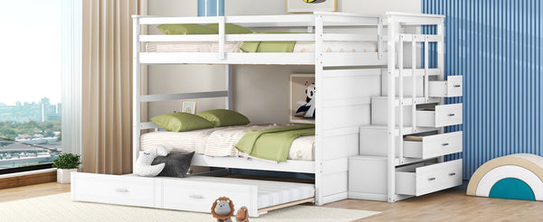 English Elm Full Over Bunk Bed with Twin Trundle Staircase Storage Drawers White Pinewood LT000268AAK