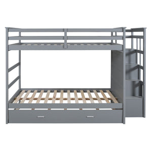 English Elm Full Over Bunk Bed with Staircase Storage Drawers and Twin Trundle Pinewood Frame Gray LT100268AAE