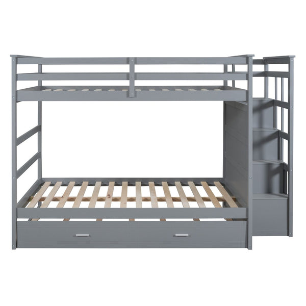 English Elm Full Over Bunk Bed with Staircase Storage Drawers and Twin Trundle Pinewood Frame Gray LT100268AAE