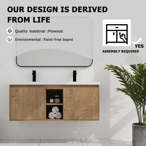 English Elm 48" Wall Mounted Bathroom Vanity With Double Sink, Soft-Close Doors, Modern Design & Storage Solutions W999S00105