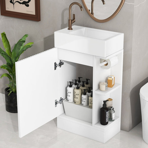 English Elm 18.6" Bathroom Vanity with Sink and Ceramic Top, MDF Cabinet with Door, TP Holder & Shelf White N725P212181K