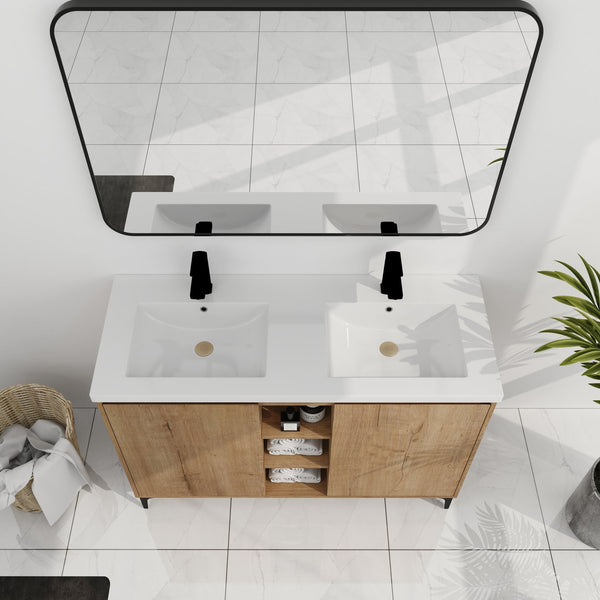English Elm 48" Freestanding Bathroom Vanity Double Sink with Soft-Close Doors, Resin Twin Basins, Water-Resist Ply W999S00104