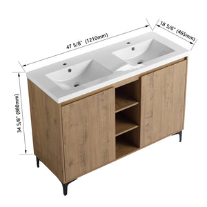 English Elm 48" Freestanding Bathroom Vanity Double Sink with Soft-Close Doors, Resin Twin Basins, Water-Resist Ply W999S00104