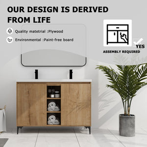 English Elm 48" Freestanding Bathroom Vanity Double Sink with Soft-Close Doors, Resin Twin Basins, Water-Resist Ply W999S00104