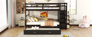 English Elm Full Over Bunk Bed with Staircase Storage Drawers and Twin Trundle Pinewood Frame Espresso LT100268AAP