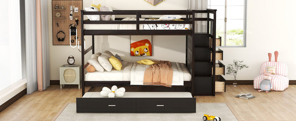 English Elm Full Over Bunk Bed with Staircase Storage Drawers and Twin Trundle Pinewood Frame Espresso LT100268AAP