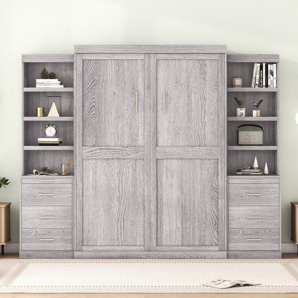 English Elm Full Full Size Murphy Bed with Storage Shelves & Drawers, Gray Cabinet Foldaway Space-Saving Design GX002007AAE