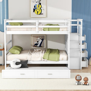 English Elm Full Over Bunk Bed with Staircase Storage Drawers and Twin Trundle Pinewood Frame White LT100268AAK