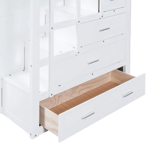 English Elm Full Over Bunk Bed with Staircase Storage Drawers and Twin Trundle Pinewood Frame White LT100268AAK