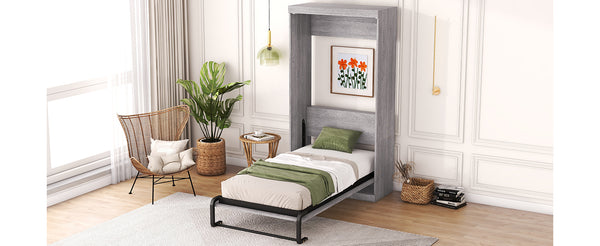 English Elm Twin Murphy Bed Cabinet Gray — Space‑Saving Foldaway Twin Size Bed with Integrated Legs, 1000lb Capacity GX002003AAE