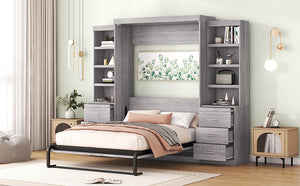 English Elm Full Full Size Murphy Bed with Storage Shelves & Drawers, Gray Cabinet Foldaway Space-Saving Design GX002007AAE