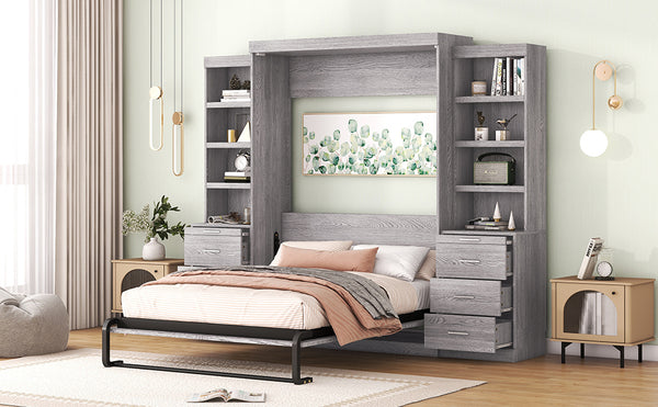 English Elm Full Full Size Murphy Bed with Storage Shelves & Drawers, Gray Cabinet Foldaway Space-Saving Design GX002007AAE
