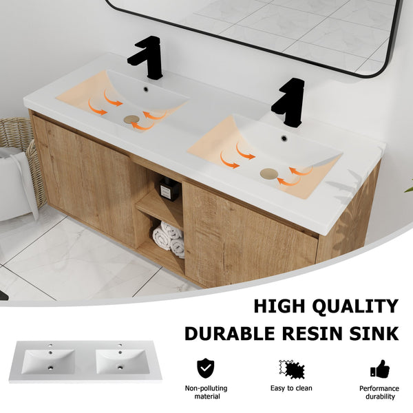 English Elm 48" Wall Mounted Bathroom Vanity With Double Sink, Soft-Close Doors, Modern Design & Storage Solutions W999S00105