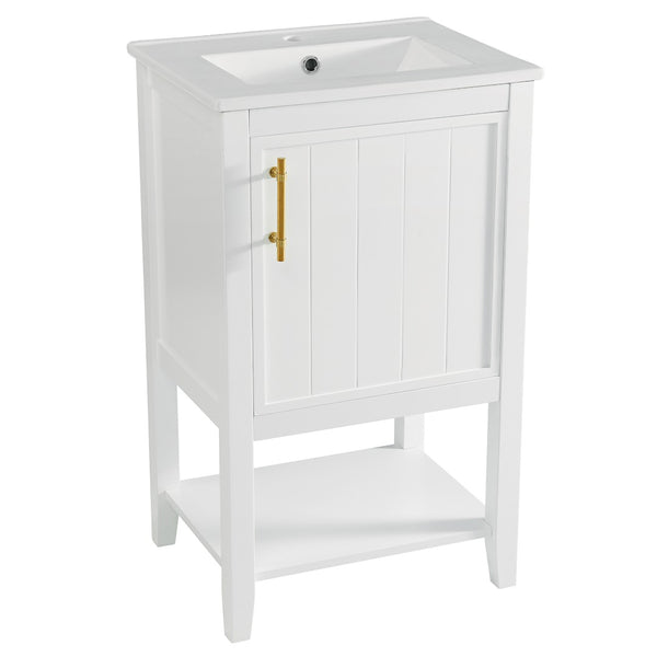 English Elm 20" Matte Freestanding Bathroom Vanity Rubberwood Cabinet Ceramic Sink Open Shelf White N725P391115K