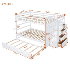 English Elm Full Over Bunk Bed with Staircase Storage Drawers and Twin Trundle Pinewood Frame White LT100268AAK
