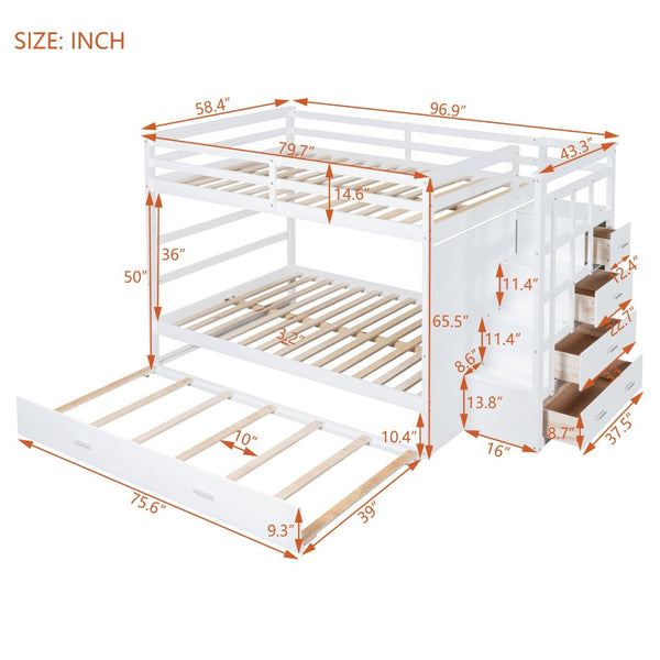 English Elm Full Over Bunk Bed with Staircase Storage Drawers and Twin Trundle Pinewood Frame White LT100268AAK
