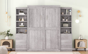 English Elm Full Full Size Murphy Bed with Storage Shelves & Drawers, Gray Cabinet Foldaway Space-Saving Design GX002007AAE