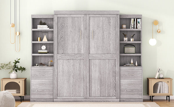 English Elm Full Full Size Murphy Bed with Storage Shelves & Drawers, Gray Cabinet Foldaway Space-Saving Design GX002007AAE