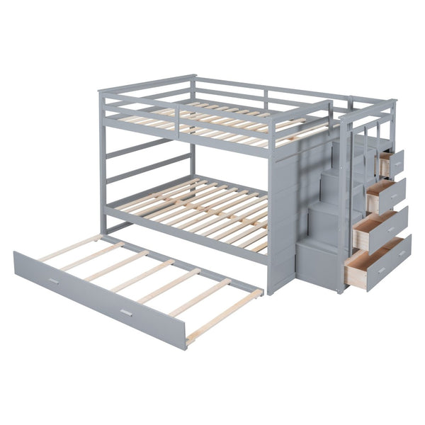 English Elm Full Over Bunk Bed with Staircase Storage Drawers and Twin Trundle Pinewood Frame Gray LT100268AAE
