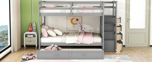 English Elm Full Over Bunk Bed with Staircase Storage Drawers and Twin Trundle Pinewood Frame Gray LT100268AAE