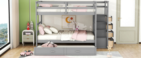 English Elm Full Over Bunk Bed with Staircase Storage Drawers and Twin Trundle Pinewood Frame Gray LT100268AAE