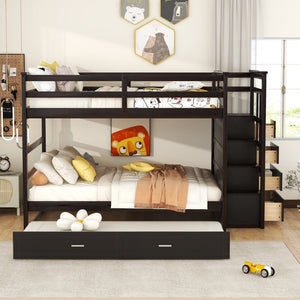 English Elm Full Over Bunk Bed with Staircase Storage Drawers and Twin Trundle Pinewood Frame Espresso LT100268AAP