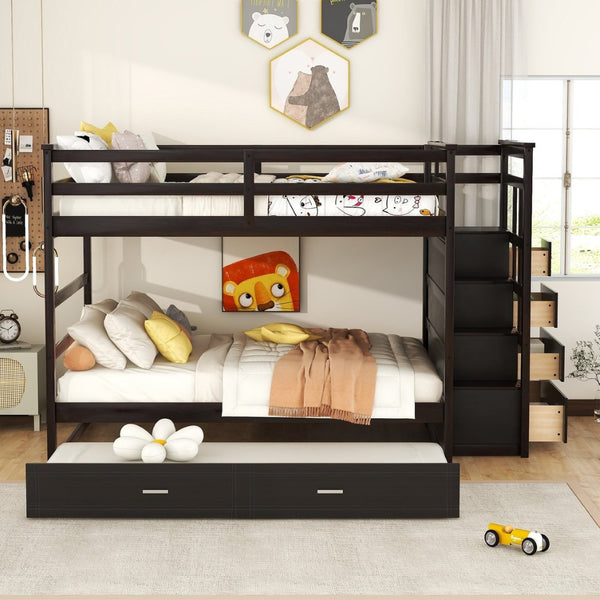 English Elm Full Over Bunk Bed with Staircase Storage Drawers and Twin Trundle Pinewood Frame Espresso LT100268AAP