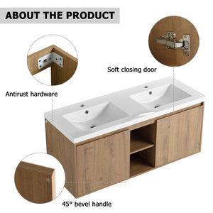 English Elm 48" Wall Mounted Bathroom Vanity With Double Sink, Soft-Close Doors, Modern Design & Storage Solutions W999S00105
