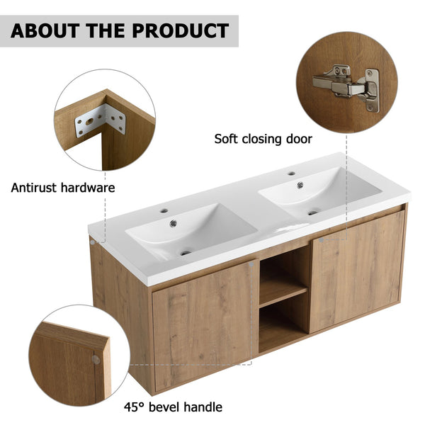 English Elm 48" Wall Mounted Bathroom Vanity With Double Sink, Soft-Close Doors, Modern Design & Storage Solutions W999S00105