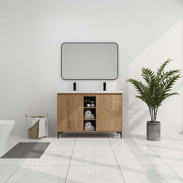 English Elm 48" Freestanding Bathroom Vanity Double Sink with Soft-Close Doors, Resin Twin Basins, Water-Resist Ply W999S00104