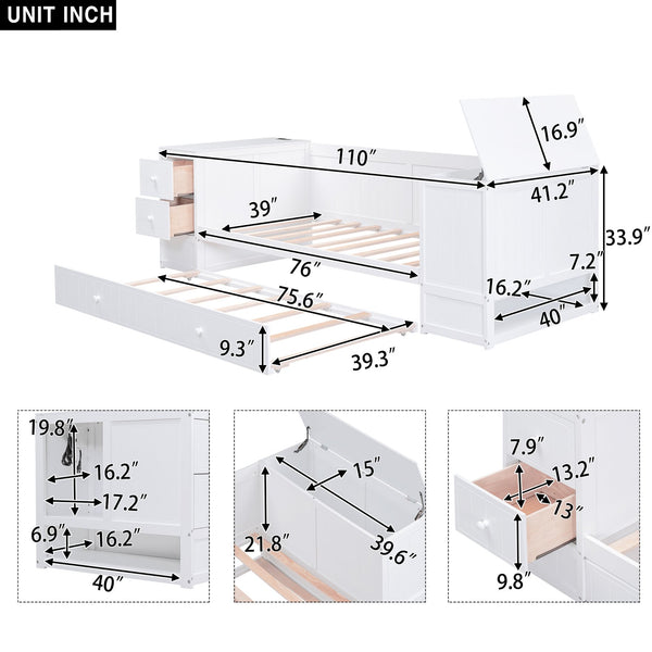 English Elm Twin Twin Size Daybed with Trundle, Storage Drawers and USB Charging Ports — Space-Saving Design White GX000349AAK