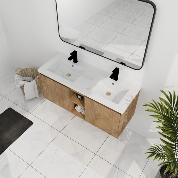 English Elm 48" Wall Mounted Bathroom Vanity With Double Sink, Soft-Close Doors, Modern Design & Storage Solutions W999S00105